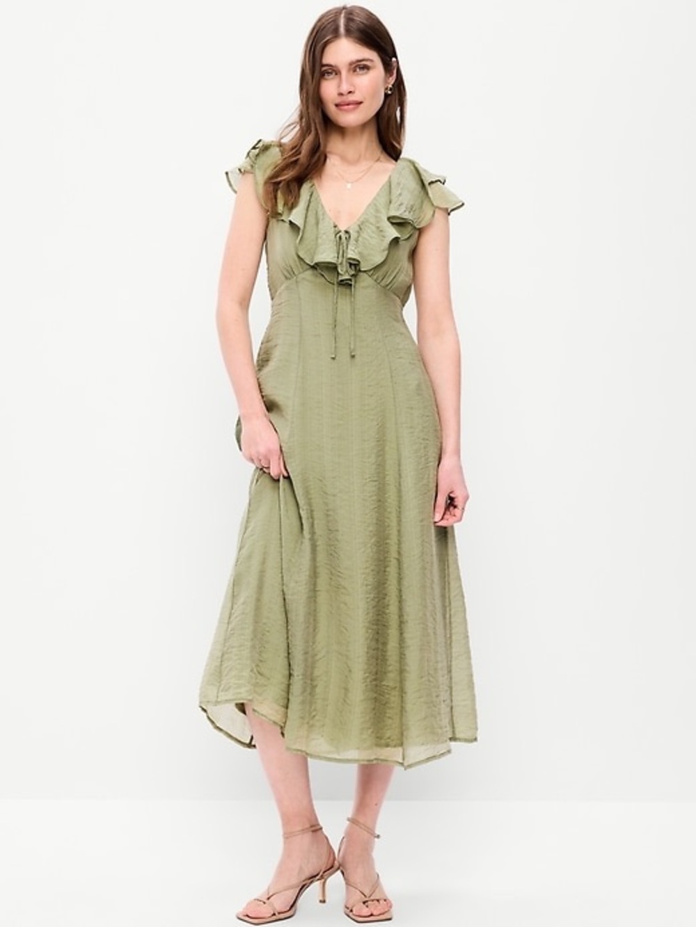 NWT Old Navy Ruffle Sleeve fit and flare Midi Dress in Olive Green Medium Petite
